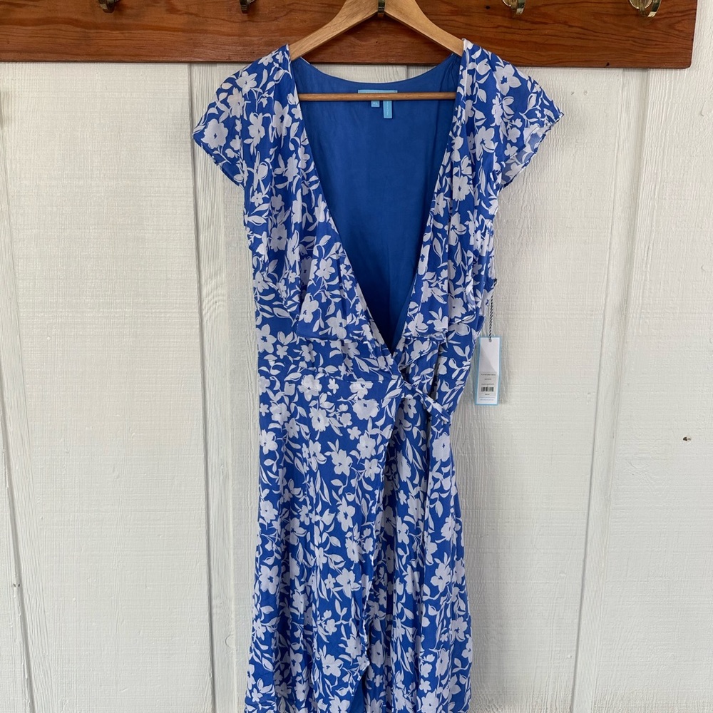 Draper James Blue and White Floral Flutter Wrap Dress NWT Event Casual Work